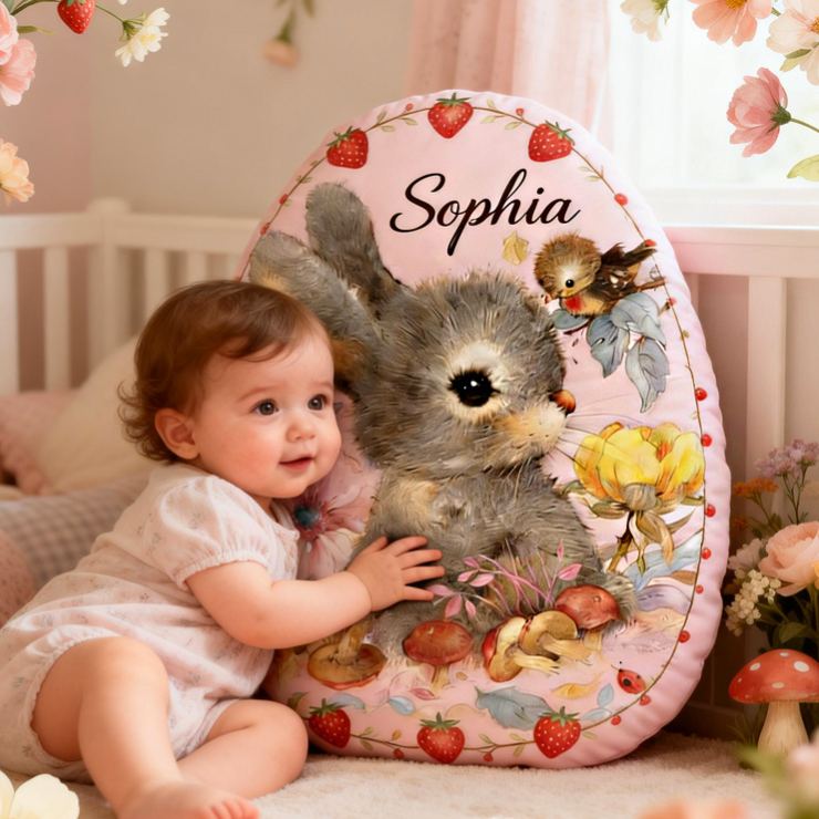 Personalized Bunny Theme Custom Name Cute Floral Rabbit Pattern Soft Nursery Decor 3D Print Pillow