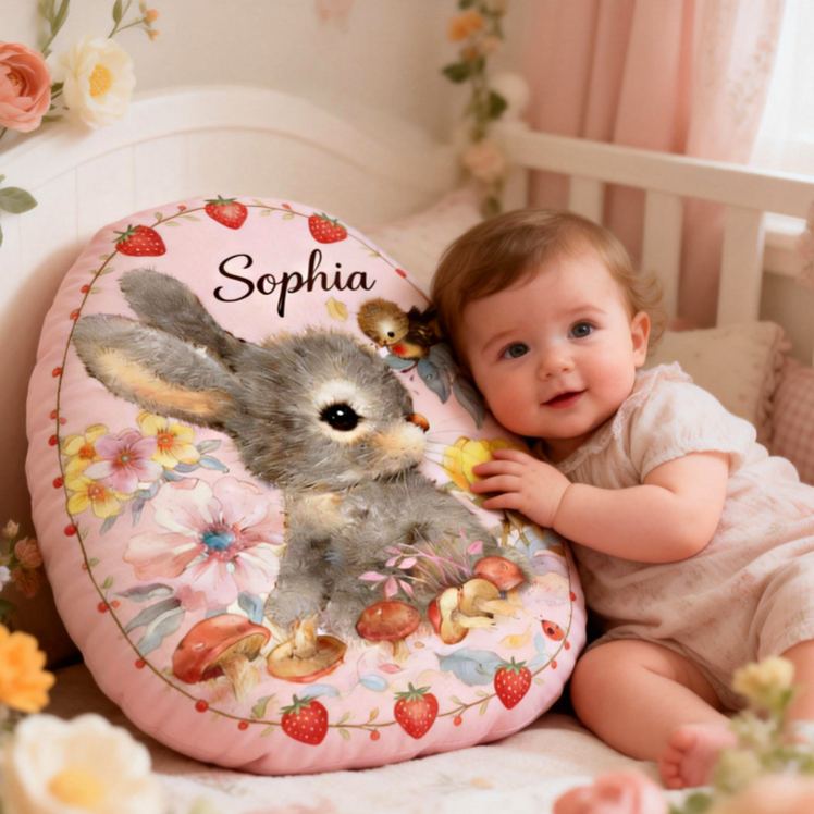 Personalized Bunny Theme Custom Name Cute Floral Rabbit Pattern Soft Nursery Decor 3D Print Pillow