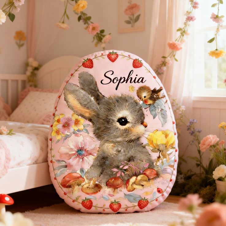Personalized Bunny Theme Custom Name Cute Floral Rabbit Pattern Soft Nursery Decor 3D Print Pillow