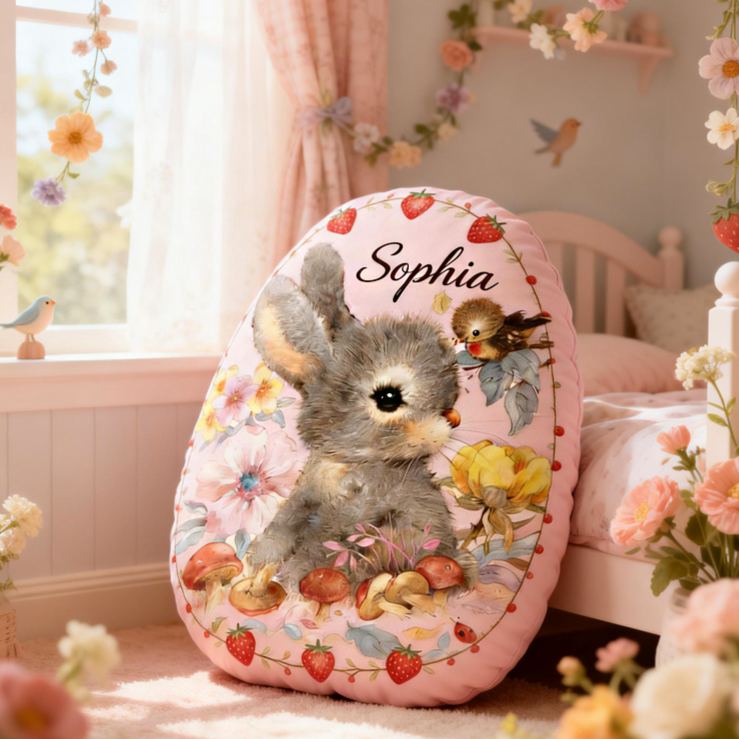 Personalized Bunny Theme Custom Name Cute Floral Rabbit Pattern Soft Nursery Decor 3D Print Pillow
