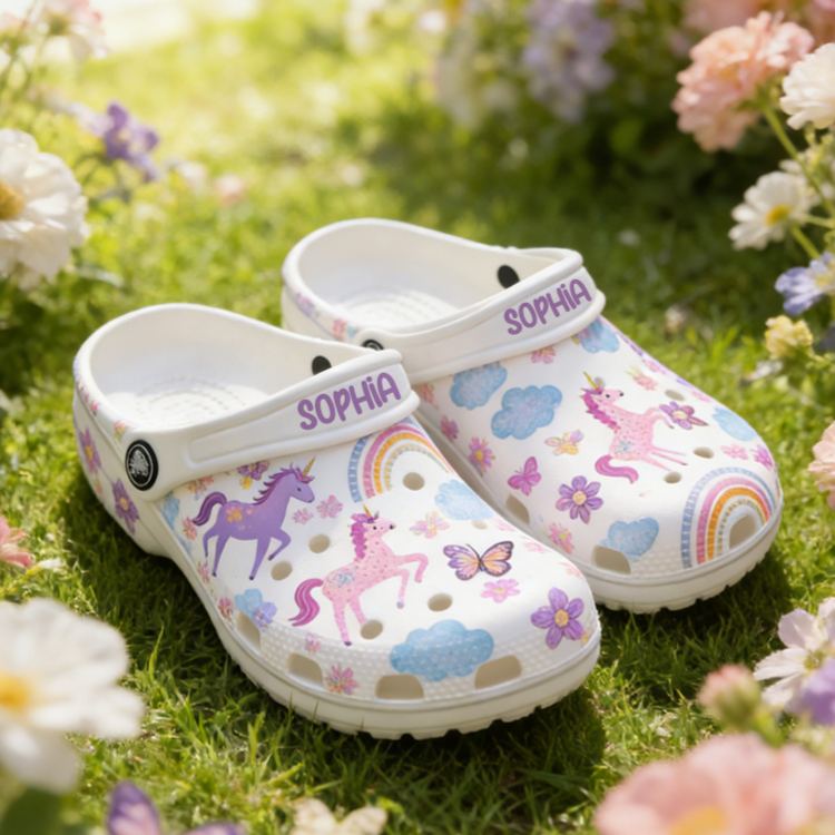 Personalized Cute Dream Horse Theme Custom Name Fantasy Rainbow Pony Style Comfortable Clogs