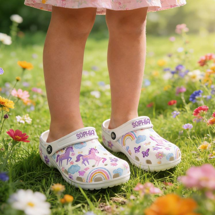 Personalized Cute Dream Horse Theme Custom Name Fantasy Rainbow Pony Style Comfortable Clogs