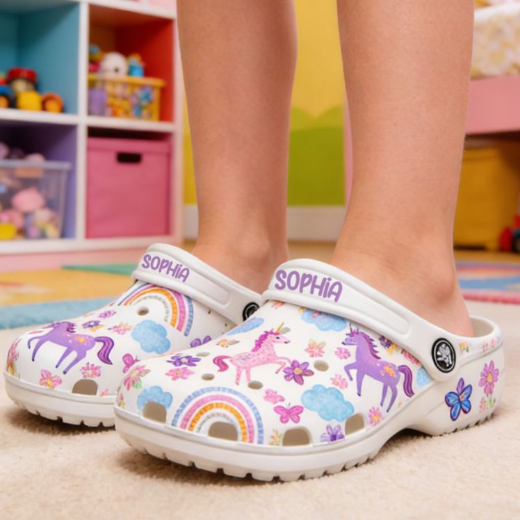 Personalized Cute Dream Horse Theme Custom Name Fantasy Rainbow Pony Style Comfortable Clogs