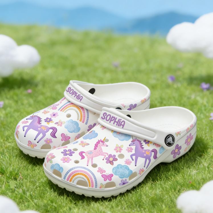 Personalized Cute Dream Horse Theme Custom Name Fantasy Rainbow Pony Style Comfortable Clogs
