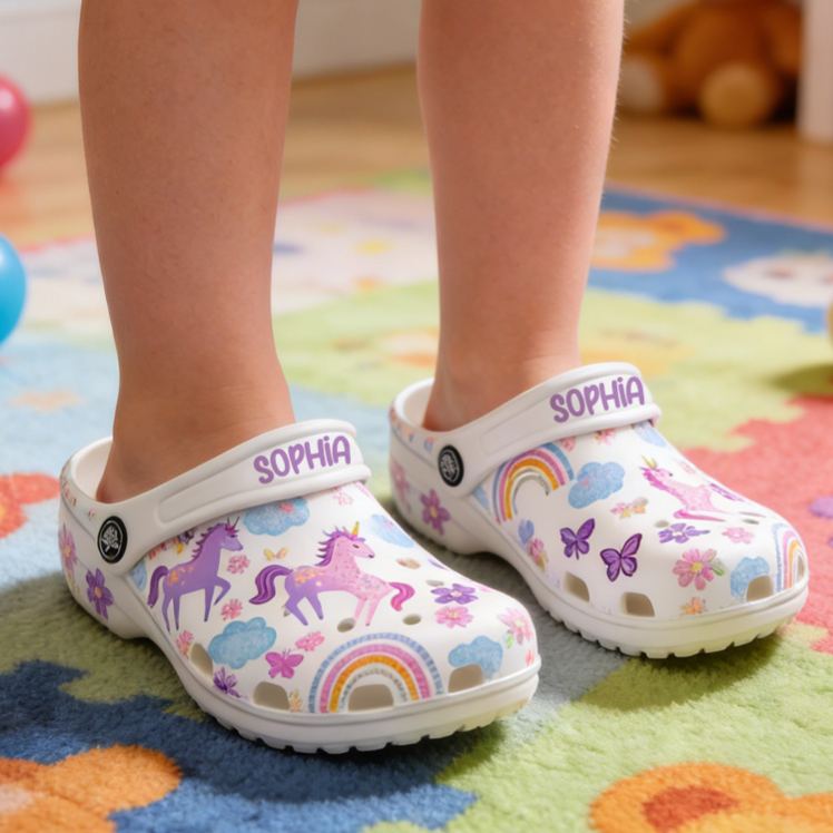 Personalized Cute Dream Horse Theme Custom Name Fantasy Rainbow Pony Style Comfortable Clogs
