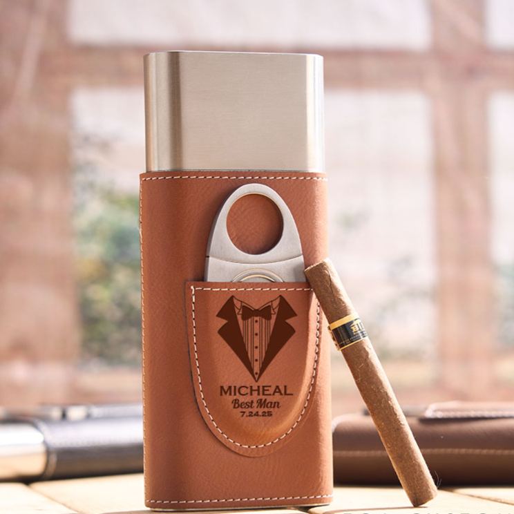 Personalized Groom Leather Cigar Case Tuxedo-Themed Best Man Cigar Holder with Cigar Cutter Wedding Party Favors Gift for Him Men's Leather Cigar Accessories