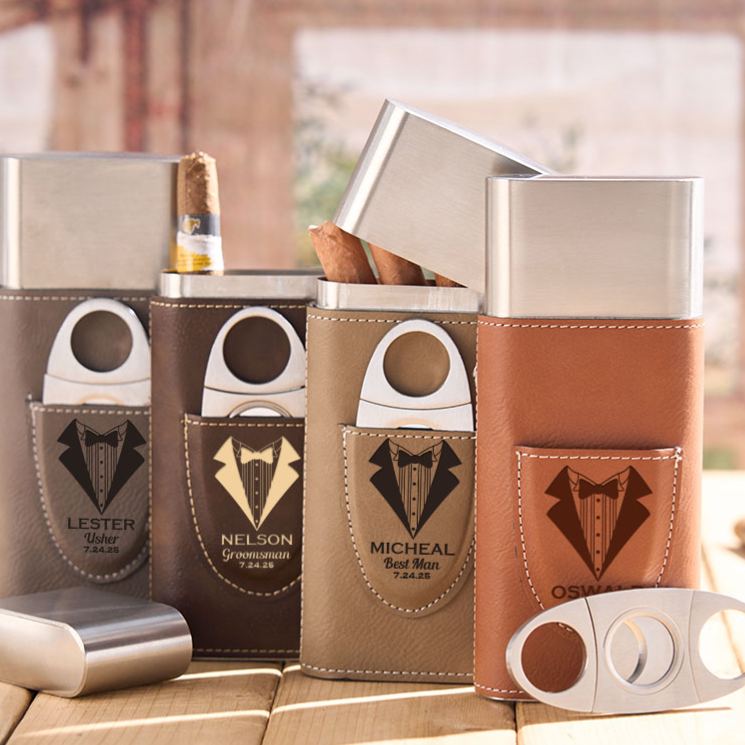 Personalized Groom Leather Cigar Case Tuxedo-Themed Best Man Cigar Holder with Cigar Cutter Wedding Party Favors Gift for Him Men's Leather Cigar Accessories