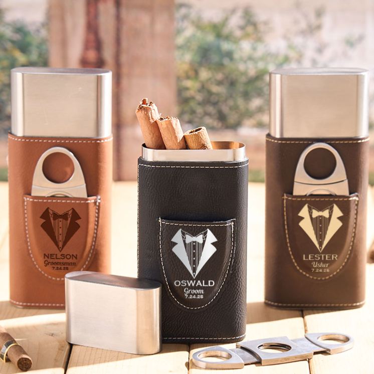 Personalized Groom Leather Cigar Case Tuxedo-Themed Best Man Cigar Holder with Cigar Cutter Wedding Party Favors Gift for Him Men's Leather Cigar Accessories