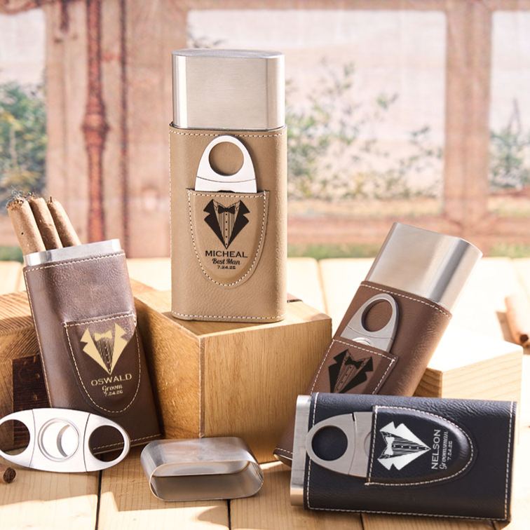 Personalized Groom Leather Cigar Case Tuxedo-Themed Best Man Cigar Holder with Cigar Cutter Wedding Party Favors Gift for Him Men's Leather Cigar Accessories