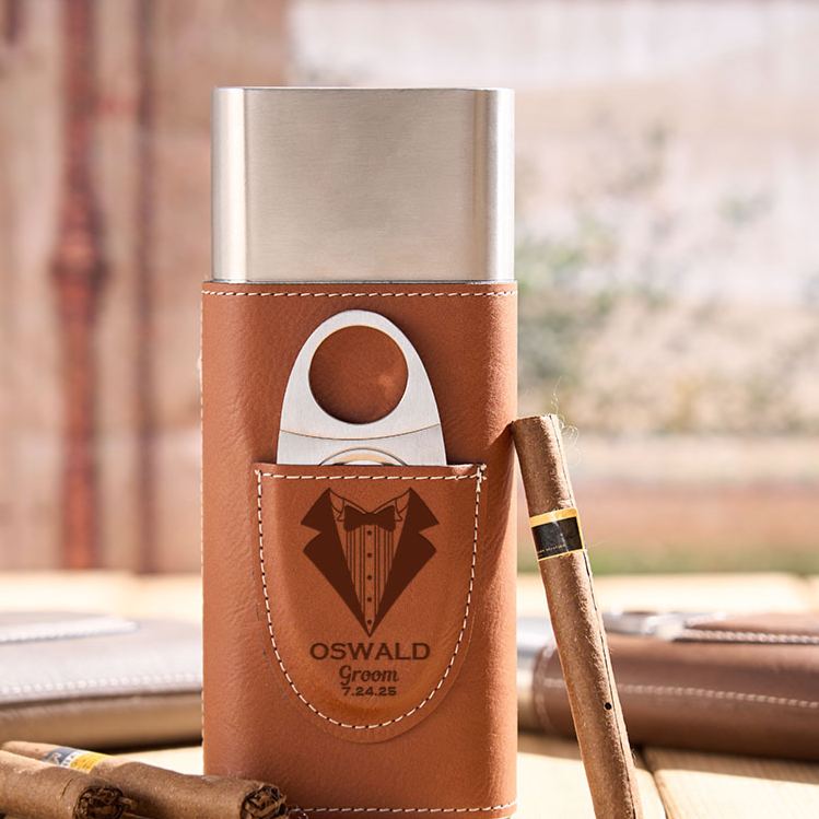 Personalized Groom Leather Cigar Case Tuxedo-Themed Best Man Cigar Holder with Cigar Cutter Wedding Party Favors Gift for Him Men's Leather Cigar Accessories