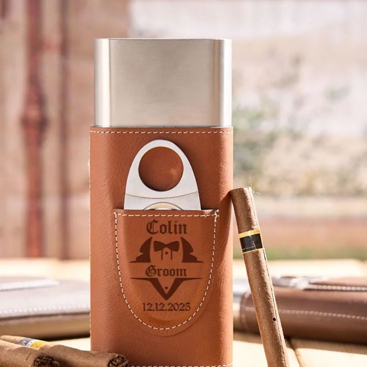 Personalized Groomsman Leather Cigar Case Engraved Groomsmen Cigar Holder with Cutter Groomsman Proposal Cigar Case Leather Cigar Accessories