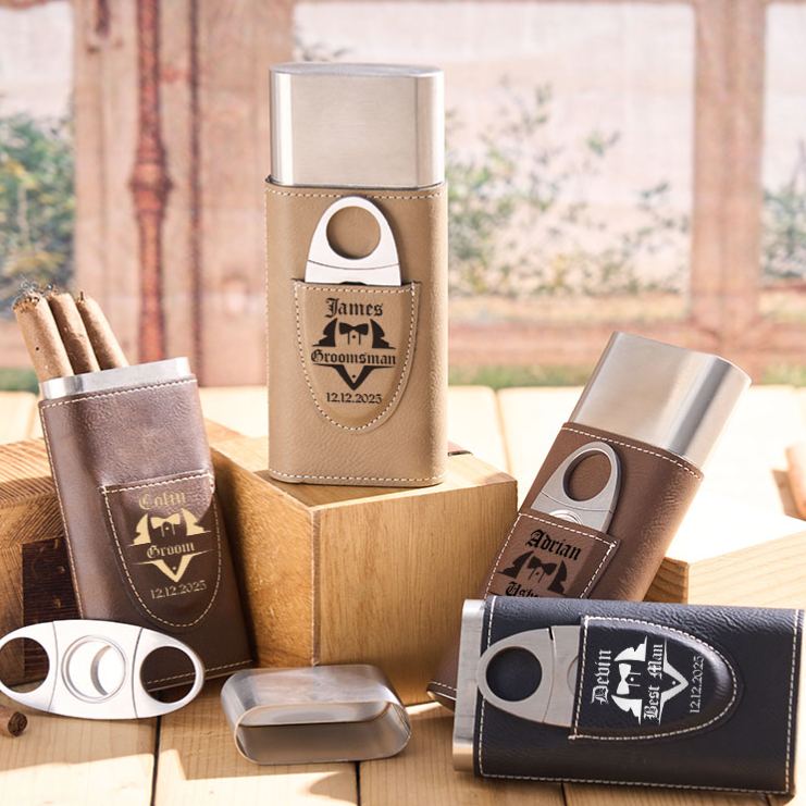 Personalized Groomsman Leather Cigar Case Engraved Groomsmen Cigar Holder with Cutter Groomsman Proposal Cigar Case Leather Cigar Accessories
