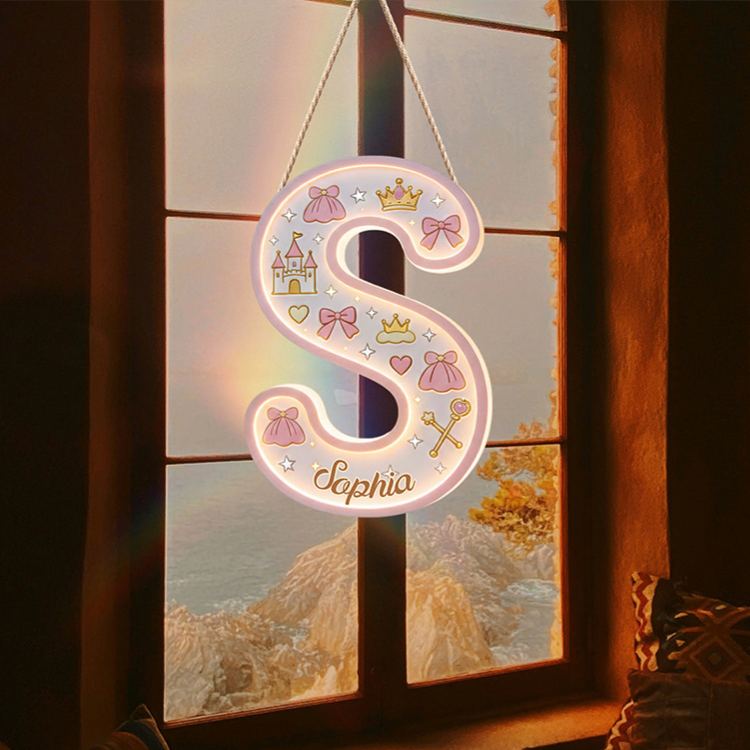 Personalized Princess Theme Custom Name Crown Castle and Bow Pattern Nursery LED Light Acrylic Sign
