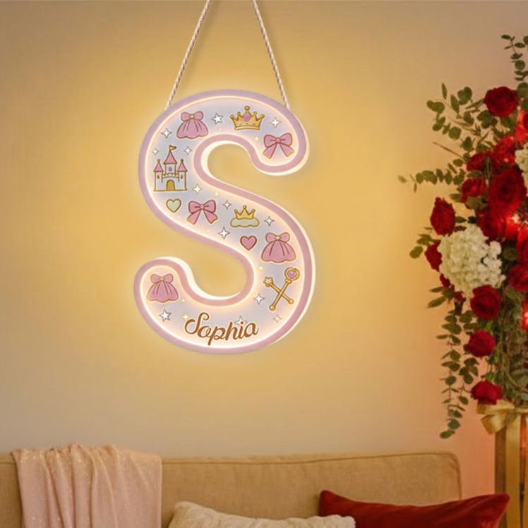 Personalized Princess Theme Custom Name Crown Castle and Bow Pattern Nursery LED Light Acrylic Sign