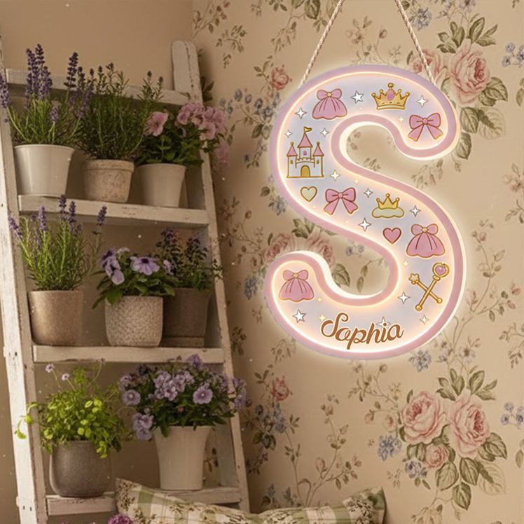 Personalized Princess Theme Custom Name Crown Castle and Bow Pattern Nursery LED Light Acrylic Sign