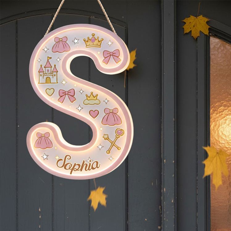 Personalized Princess Theme Custom Name Crown Castle and Bow Pattern Nursery LED Light Acrylic Sign