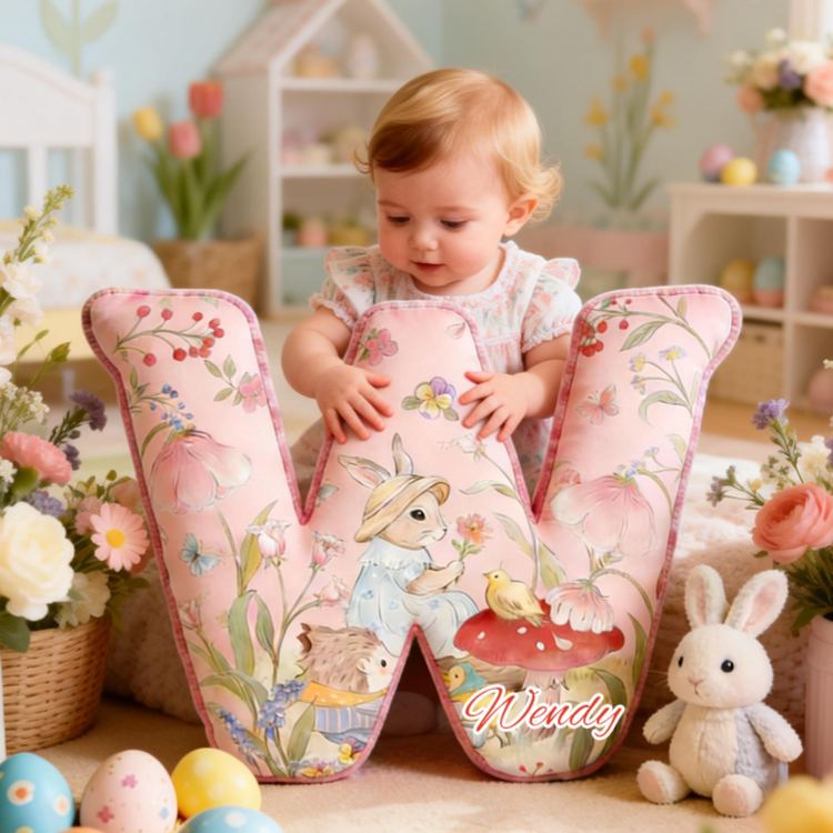 Personalized Bunny Theme Custom Name Cute Rabbit with Eggs and Flowers Pink 3D Print Pillow