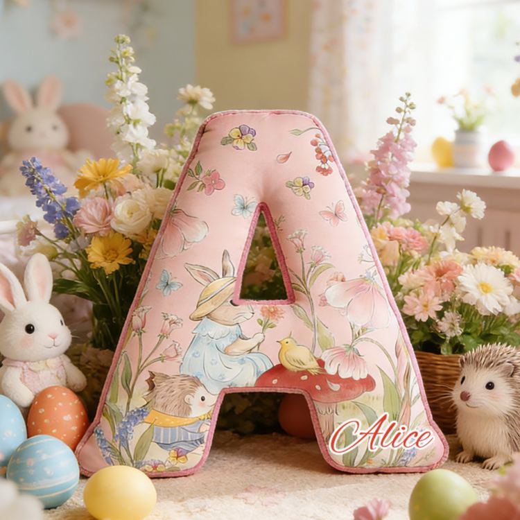 Personalized Bunny Theme Custom Name Cute Rabbit with Eggs and Flowers Pink 3D Print Pillow