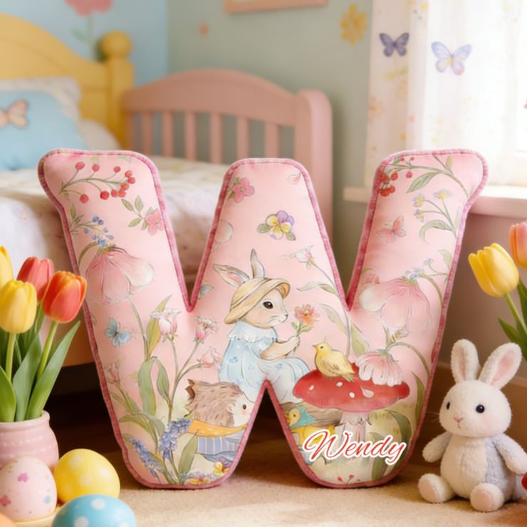 Personalized Bunny Theme Custom Name Cute Rabbit with Eggs and Flowers Pink 3D Print Pillow