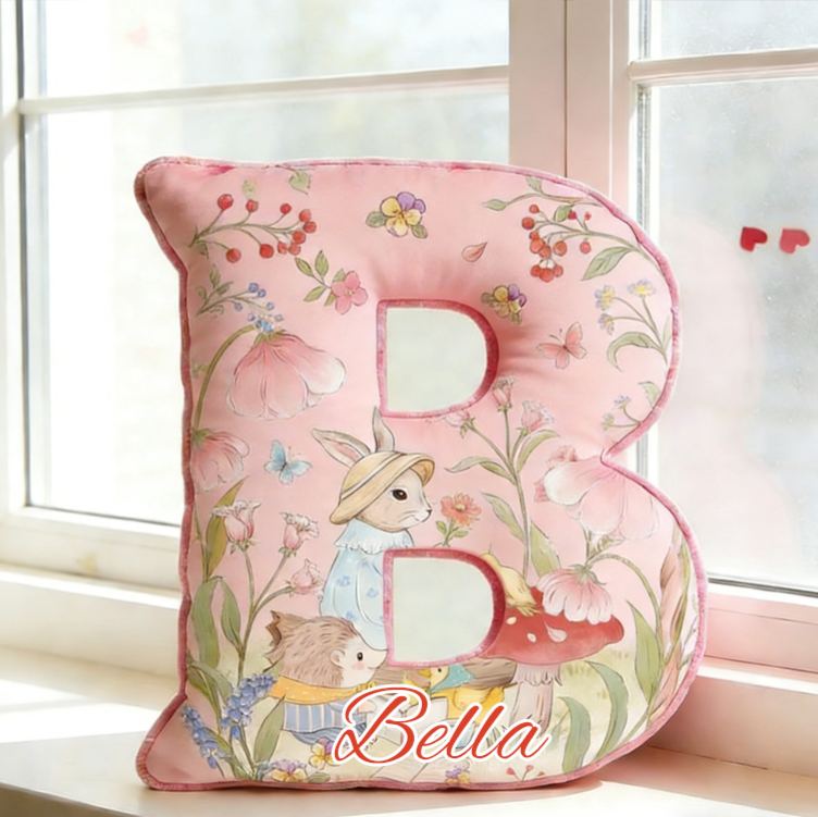 Personalized Bunny Theme Custom Name Cute Rabbit with Eggs and Flowers Pink 3D Print Pillow