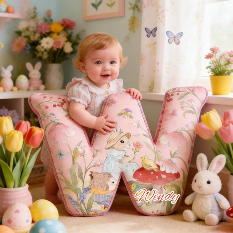 Personalized Bunny Theme Custom Name Cute Rabbit with Eggs and Flowers Pink 3D Print Pillow