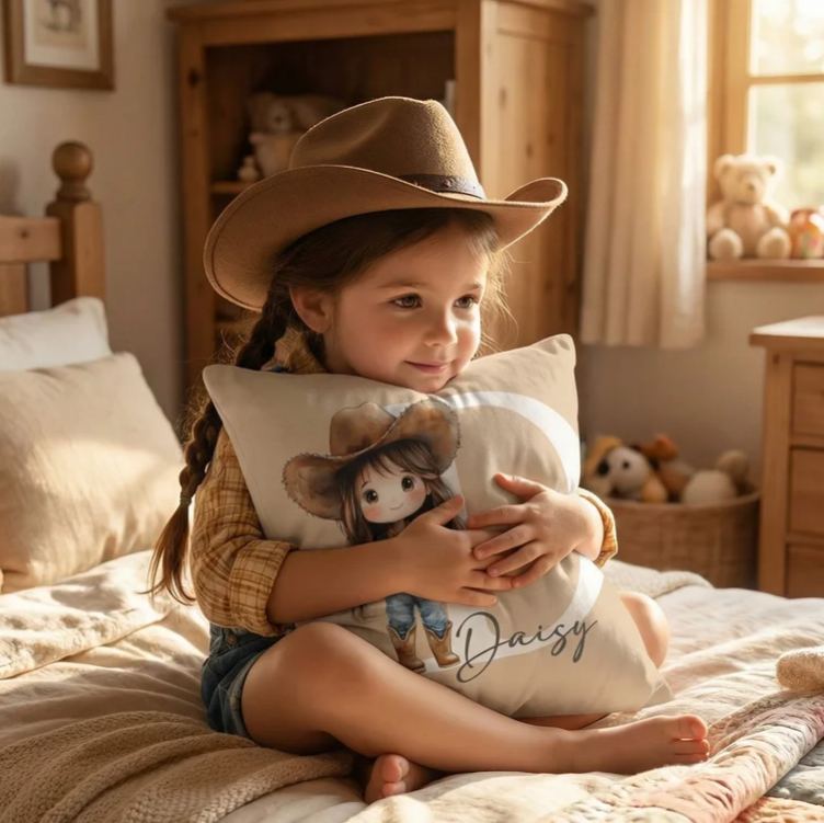 Personalized Cartoon Cowboy Cowgirl Soft Throw Pillow Cover with Name and Initial Home Decor Birthday Gift for Boys Girls