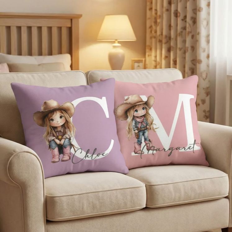 Personalized Cartoon Cowboy Cowgirl Soft Throw Pillow Cover with Name and Initial Home Decor Birthday Gift for Boys Girls