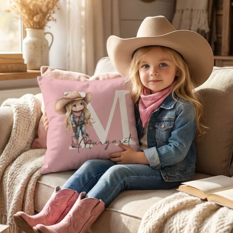 Personalized Cartoon Cowboy Cowgirl Soft Throw Pillow Cover with Name and Initial Home Decor Birthday Gift for Boys Girls