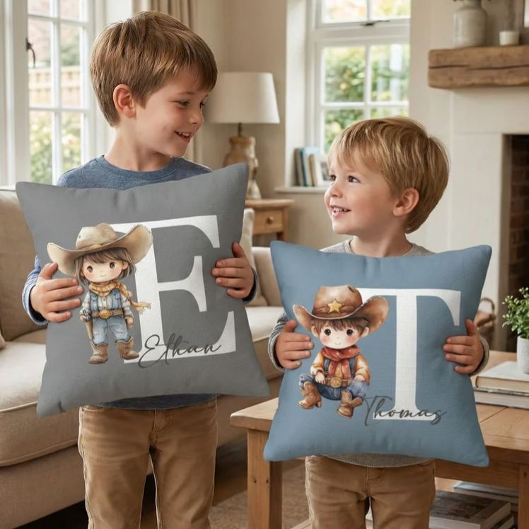 Personalized Cartoon Cowboy Cowgirl Soft Throw Pillow Cover with Name and Initial Home Decor Birthday Gift for Boys Girls