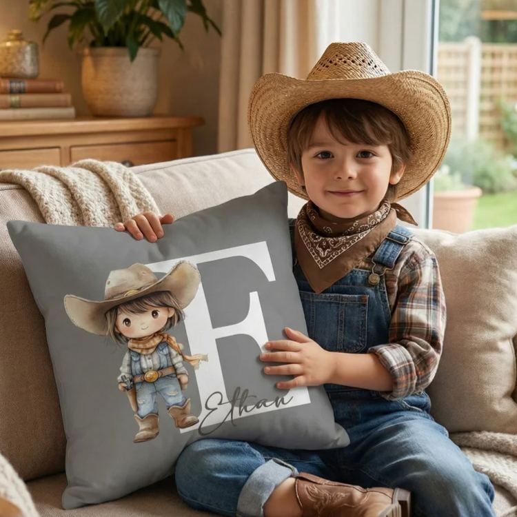Personalized Cartoon Cowboy Cowgirl Soft Throw Pillow Cover with Name and Initial Home Decor Birthday Gift for Boys Girls
