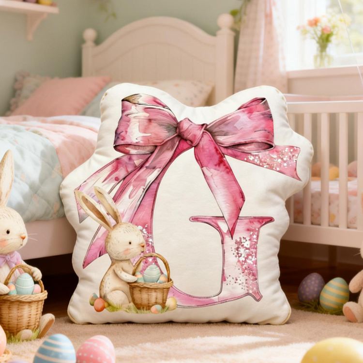 Personalized Bunny Theme Custom Name Cute Rabbit with Big Pink Blue Bow 3D Print Pillow