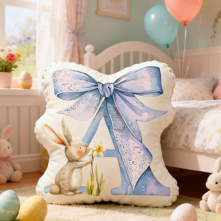 Personalized Bunny Theme Custom Name Cute Rabbit with Big Pink Blue Bow 3D Print Pillow