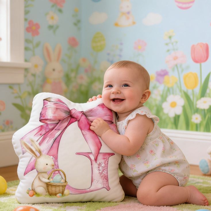 Personalized Bunny Theme Custom Name Cute Rabbit with Big Pink Blue Bow 3D Print Pillow