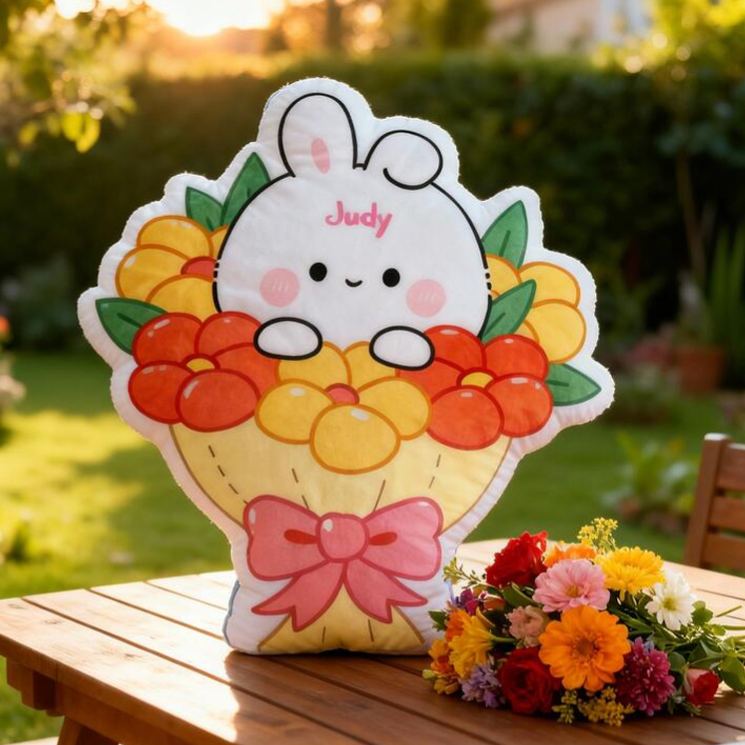 Personalized Bunny Theme Custom Name Cute Rabbit in Flower Basket with Pink Bow 3D Print Pillow