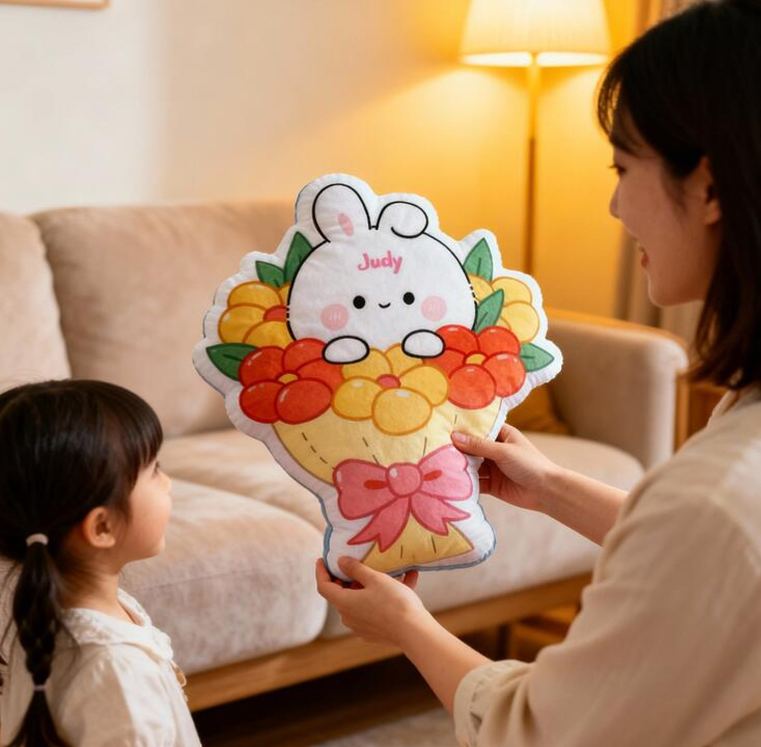 Personalized Bunny Theme Custom Name Cute Rabbit in Flower Basket with Pink Bow 3D Print Pillow