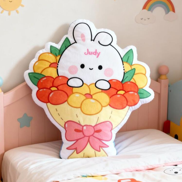 Personalized Bunny Theme Custom Name Cute Rabbit in Flower Basket with Pink Bow 3D Print Pillow