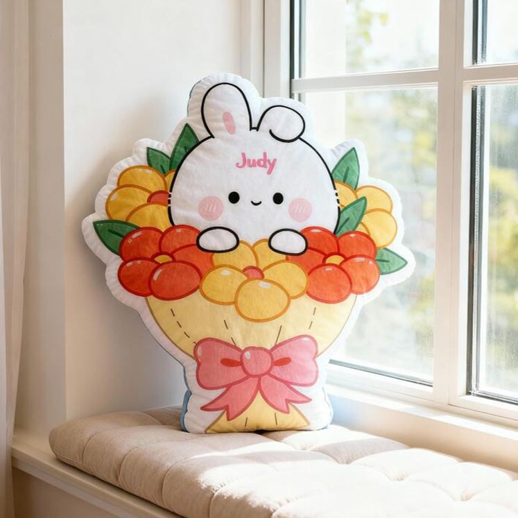 Personalized Bunny Theme Custom Name Cute Rabbit in Flower Basket with Pink Bow 3D Print Pillow