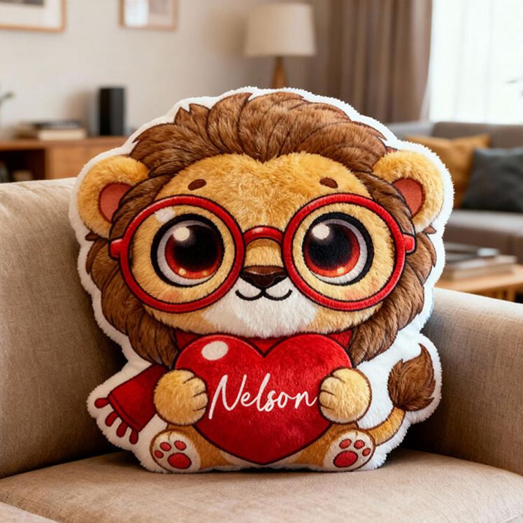 Personalized Lion Theme Custom Name Cute Lion Holding Red Heart Adorable Cartoon 3D Print Pillow