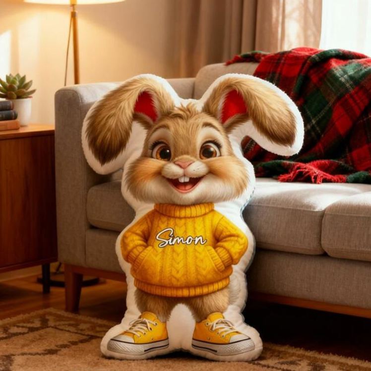 Personalized Bunny Theme Custom Name Cute Rabbit Wearing Yellow Sweater Style 3D Print Pillow