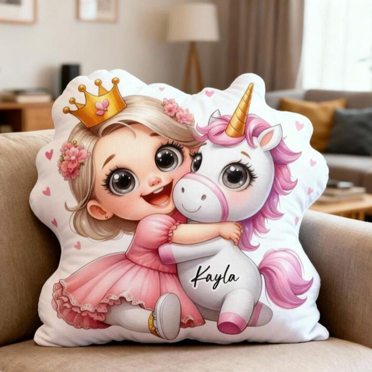 Personalized Princess Theme Custom Name Cute Girl Hugging Dream Horse Pink Crown Style 3D Print Pillow