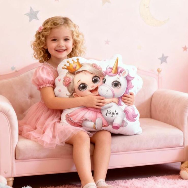 Personalized Princess Theme Custom Name Cute Girl Hugging Dream Horse Pink Crown Style 3D Print Pillow