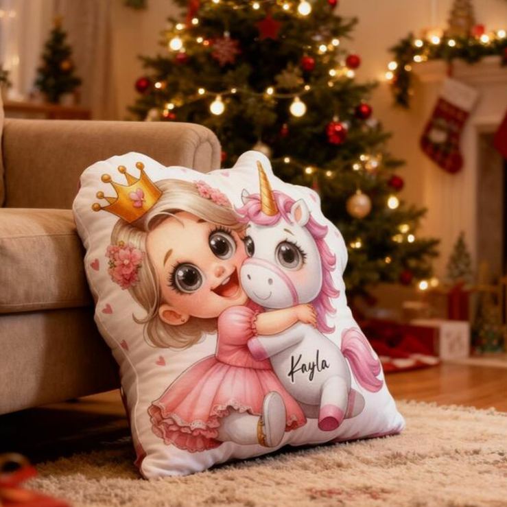 Personalized Princess Theme Custom Name Cute Girl Hugging Dream Horse Pink Crown Style 3D Print Pillow