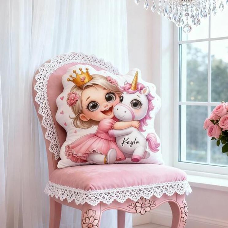 Personalized Princess Theme Custom Name Cute Girl Hugging Dream Horse Pink Crown Style 3D Print Pillow