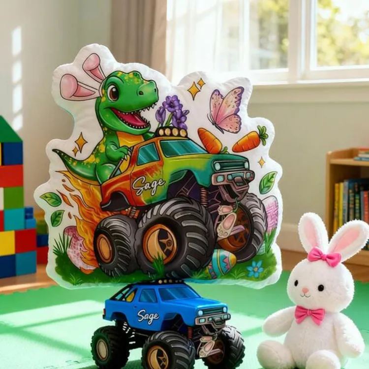 Personalized Monster Truck Theme Custom Name Fun Dinosaur Driver Adventure 3D Print Pillow
