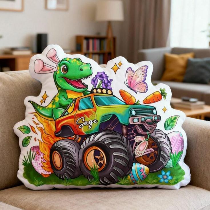 Personalized Monster Truck Theme Custom Name Fun Dinosaur Driver Adventure 3D Print Pillow