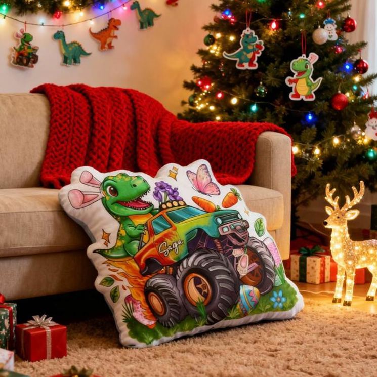 Personalized Monster Truck Theme Custom Name Fun Dinosaur Driver Adventure 3D Print Pillow