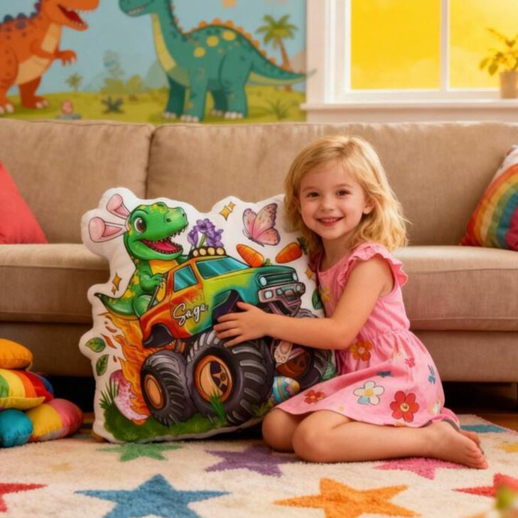 Personalized Monster Truck Theme Custom Name Fun Dinosaur Driver Adventure 3D Print Pillow