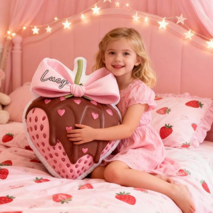 Personalized Strawberry Theme Custom Name Sweet Chocolate Fruit Bow Design Soft 3D Print Pillow