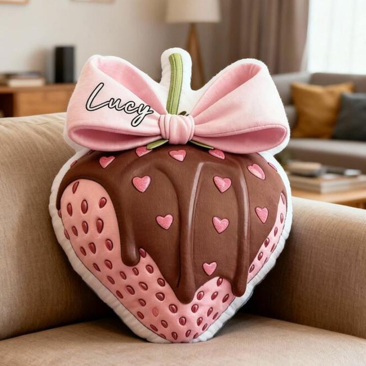 Personalized Strawberry Theme Custom Name Sweet Chocolate Fruit Bow Design Soft 3D Print Pillow