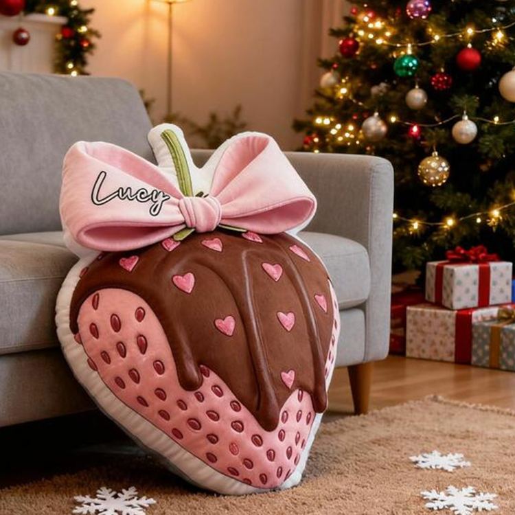 Personalized Strawberry Theme Custom Name Sweet Chocolate Fruit Bow Design Soft 3D Print Pillow